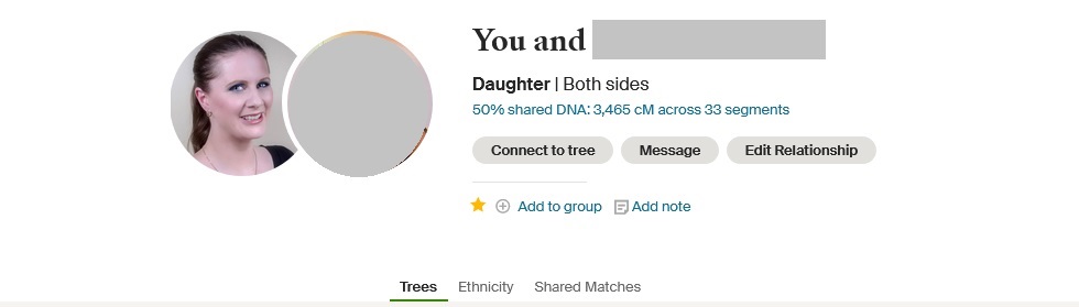 Child DNA match example on Ancestry 