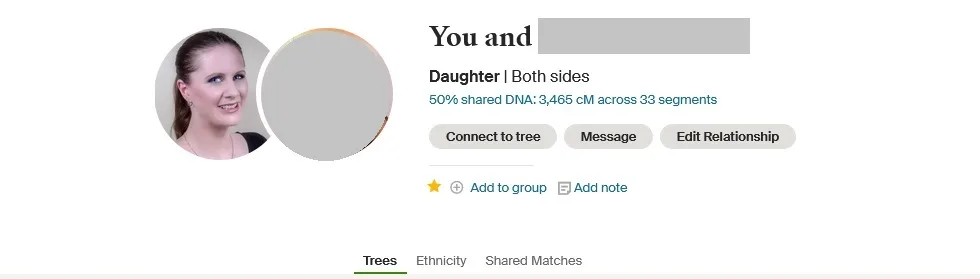 Child DNA match example on Ancestry 