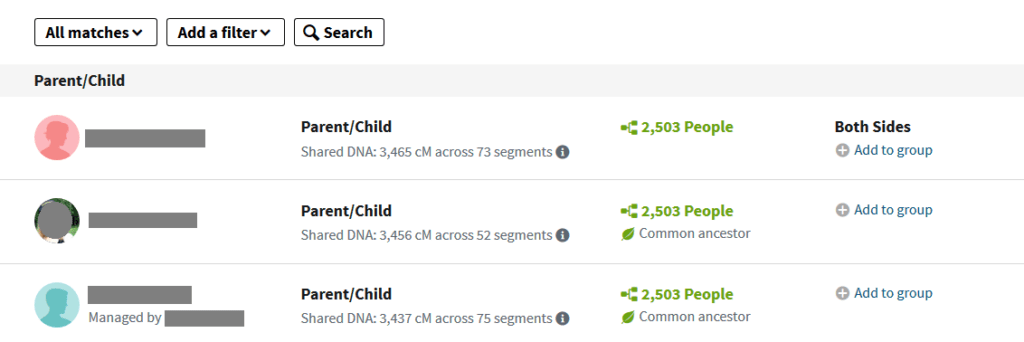 how do parents and children show up on ancestry