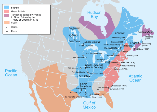 Map of British and French Influence in Colonial US Times