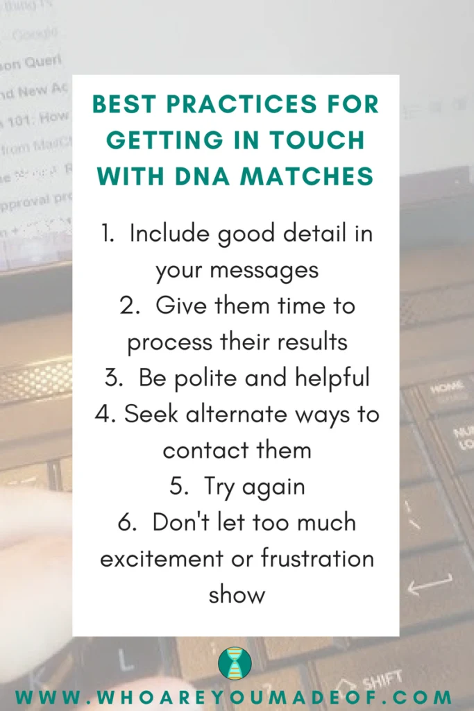 Best Practices for Getting in Touch With DNA Matches.  1. Included good detail in your messages.  2. Give them time to process their results.  3.  Be polite and helpful. 4.  Seek alternate ways to contact them.  5.  Try again.  6.  Don't let too much excitement or frustration show in your messages.