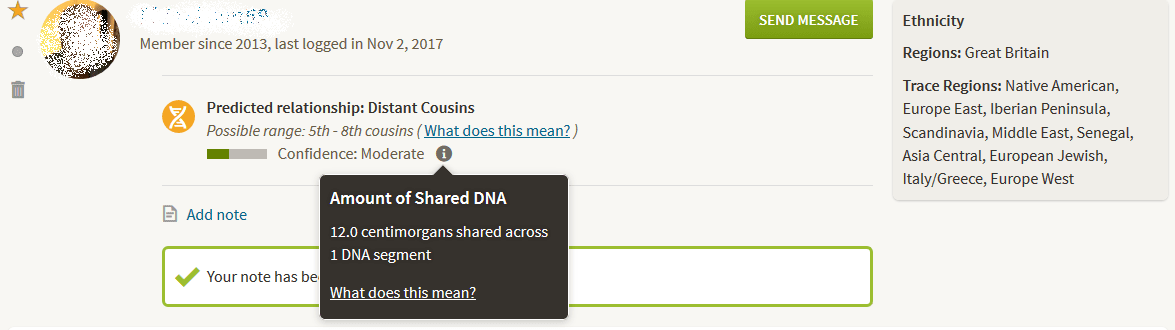 Example of low sharing third cousin dna match