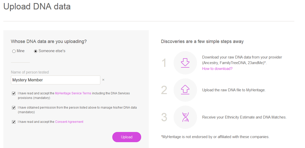 how to upload someone else's dna to my heritage dna on my account