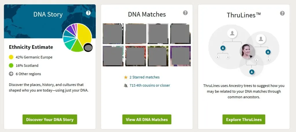 example of ancestry dna results overview, screenshot shows ethnicty estimate, DNA matches, and ThruLines