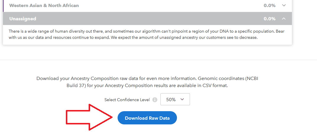 Choose confidence level for downloading 23 and me ethnicity data and press the blue Download Raw Data button