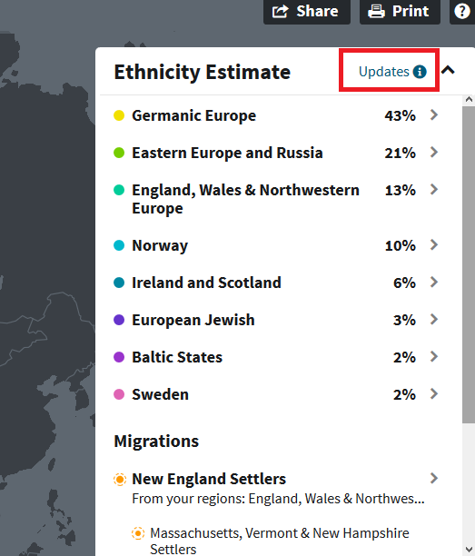 My updated Ancestry DNA results from 2018, with my Germanic Europe showing up at 43%, and the low confidence regions gone 