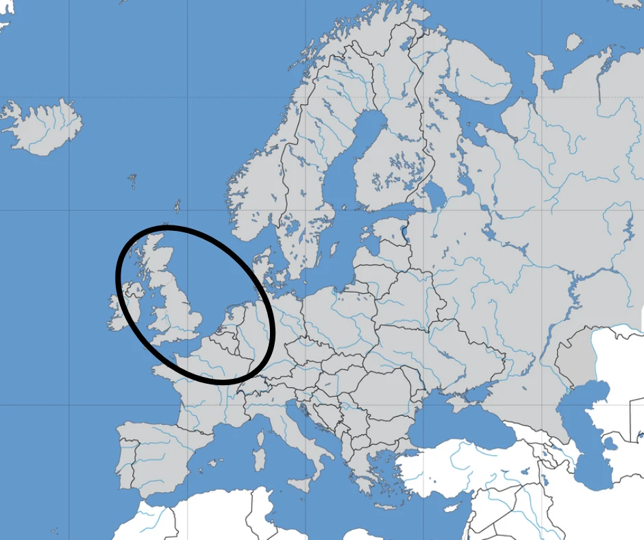 Map where you can find the England and Northwestern Europe DNA ethnicity.  The image shows a map of Europe with a black circle around England and portions of France, Germany, Scotland, and Ireland