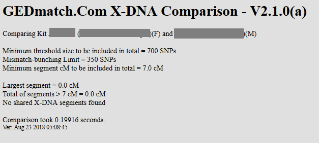 Gedmatch X DNA Comparison example close relatvie no shared X DNA