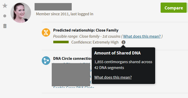 Example of DNA shared between granddaughter and grandmother on Ancestry