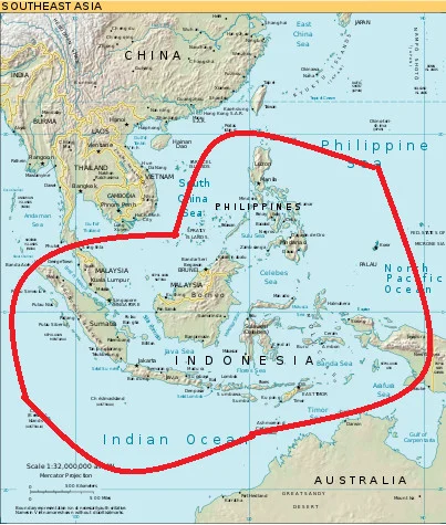 A map of the South Asian region with the Greater Philippine DNA region on Ancestry circled in red