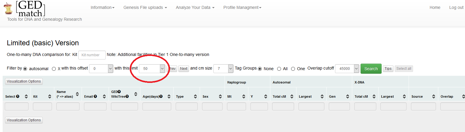 How to adjust defaults on Gedmatch One to Many Tool