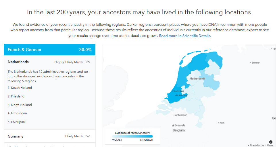 Detailed aspects of 23andMe ancestry composition indicating DNA matching to five regions in the Netherlands, with most closely matching regions showing in darker shades of blue 