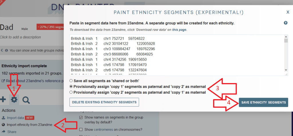 How to import ethnicity segments into DNA Painter.  The image displays the same segments matching the British and Irish region pasted into the dialogue on DNA Painter