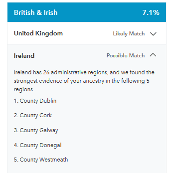 Sample of 23andMe results from a person with Irish ancestry