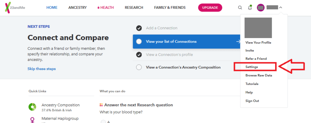 how to find 23andme test settings