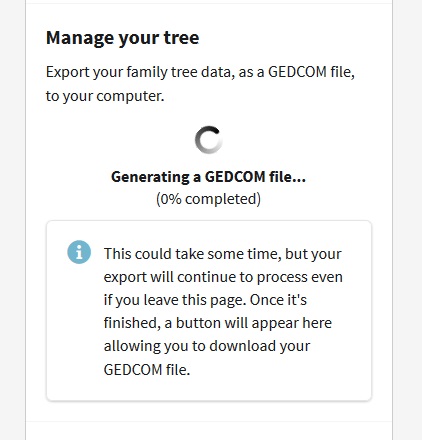 This image shows the Ancestry site creating a Gedcom file from my family tree.  
