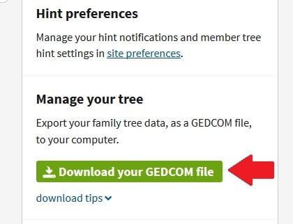 This image shows how to download your Ancestry tree in a GEDCOM format
