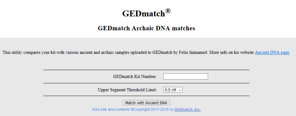 To use the archaic DNA matches tool, enter the kit number of the person for whom you would like to see archaic DNA matches