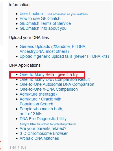 Where to click on Gedmatch to find DNA matches using the One to Many tool