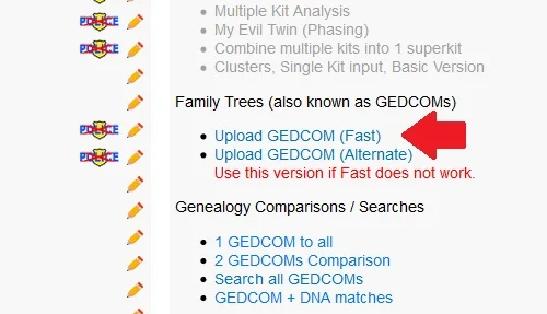 This image shows exactly where you should click to get started with your Gedmatch family tree upload