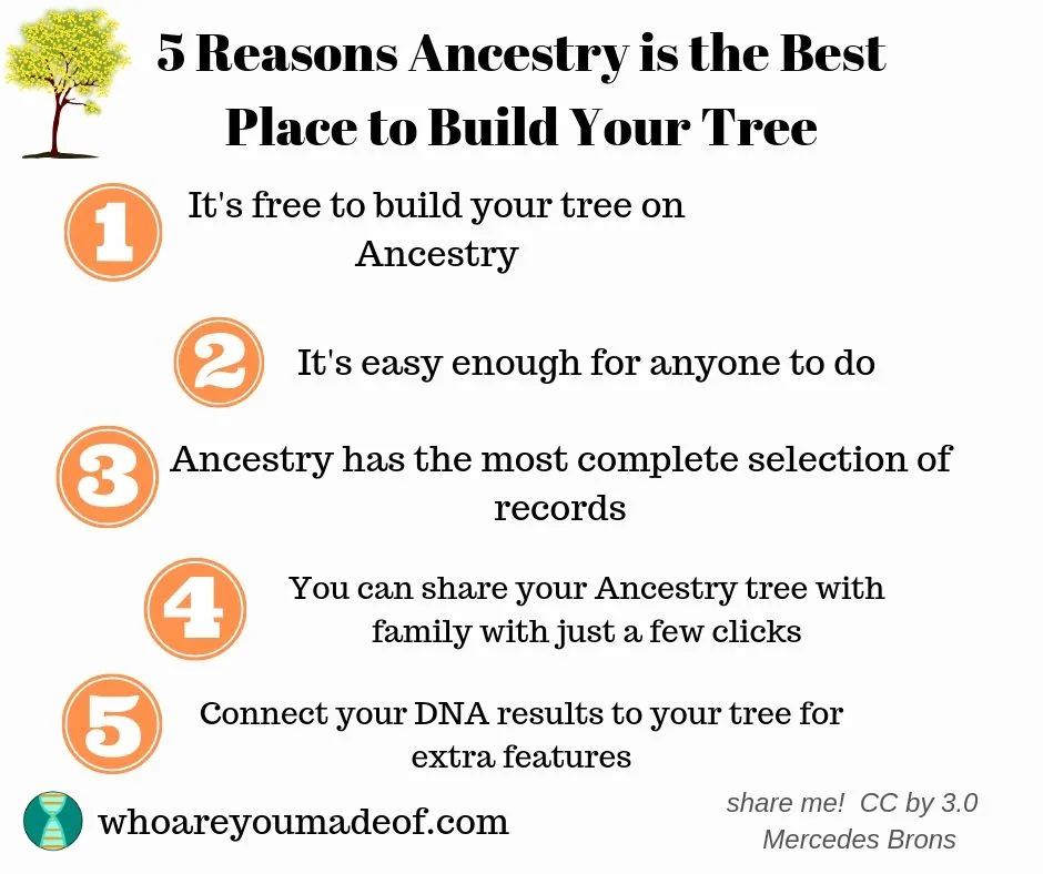 Five reasons Ancestry is the best place to build your tree:  1 It's free to build your tree on Ancestry 2  It's easy enough for anyone to do  3  Ancestry has the most complete selection of records 4  You can share your Ancestry tree with just a few clicks  5 Connect your DNA results to your tree for extrafeatures