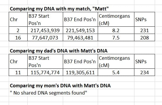 This image gives an example of a DNA match where multiple segments are false (IBS) and no segments are real (IBD)