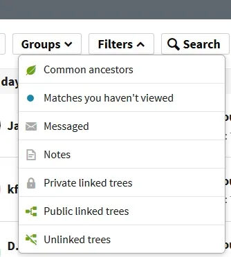 how to use filter options on Ancestry DNA match list 