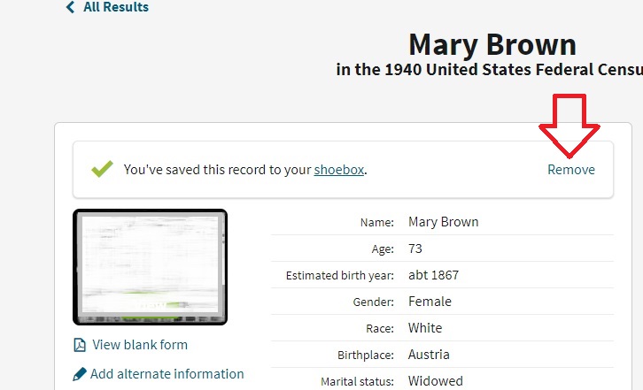 an alternative method to removing a record from your shoebox on Ancestry