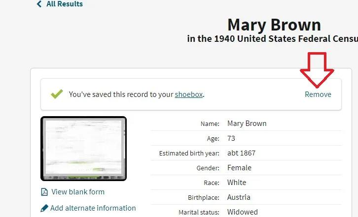 an alternative method to removing a record from your shoebox on Ancestry