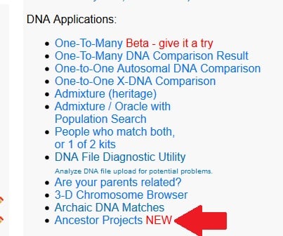 The Gedmatch Ancestor Projects can be accessed under the DNA applications section at the very bottom, as shown in this image