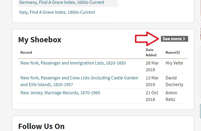 the ancestry shoebox can be accessed from your Ancestry homepage.  You can see if by scrolling down, and it is under the heading "My Shoebox"