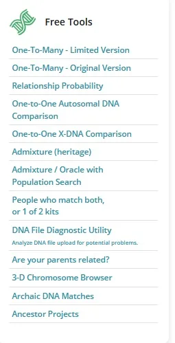 list of free tools for DNA analysis on Gedmatch dashboard