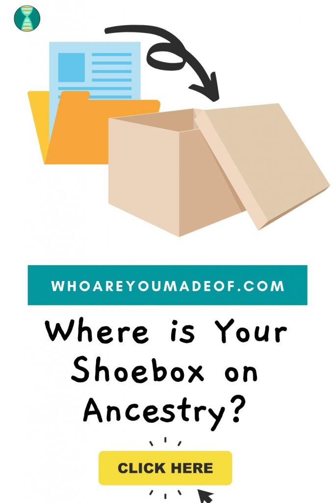 Where is Your Shoebox on Ancestry Pinterest image with shoebox and folder with documents