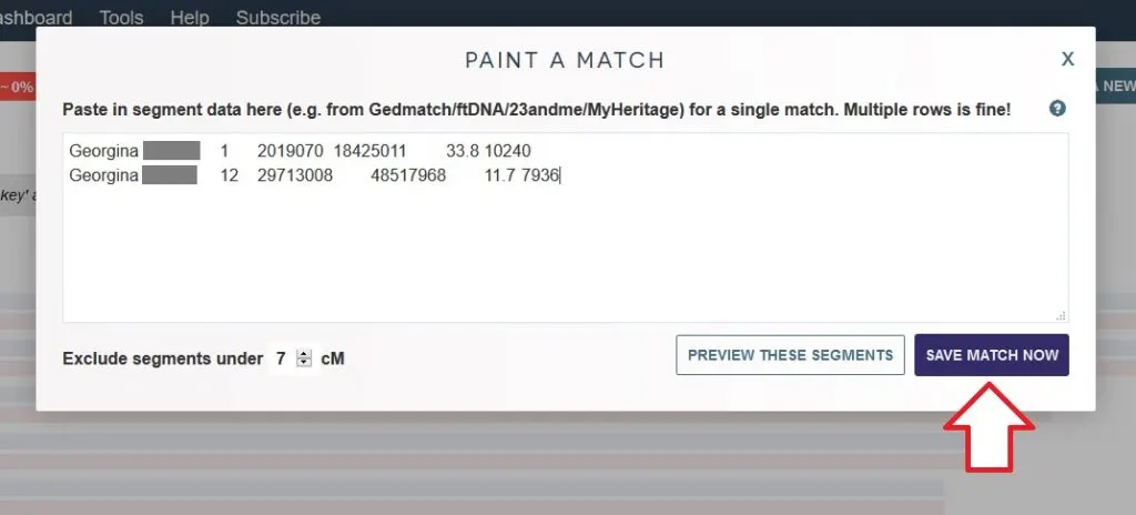 This image shows exactly where to click (SAVE MATCH NOW) in order to enter in details about your match and paint them into your chromosomes