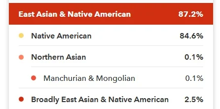 84% Native American DNA on 23andMe.  Results also show .1% Northern Asian and 2.5% Broadly East Asian and Native American