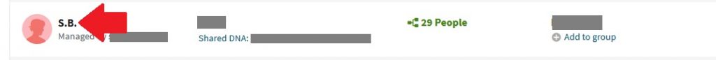 DNA match on Ancestry DNA match list, with red arrow pointed to their name on the list