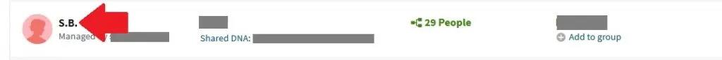 DNA match on Ancestry DNA match list, with red arrow pointed to their name on the list