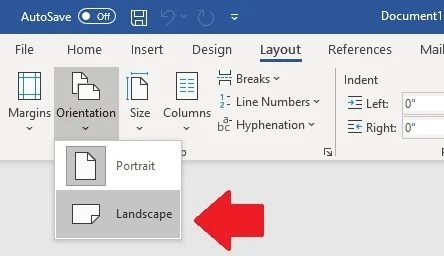 The image shows Microsoft Word options to change the orientation from Portrait to Landscape