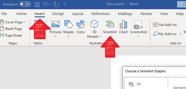 This image shows where to click on the menu to find the Insert and SmartArt options on Microsoft Word