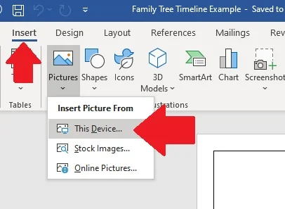 Choose "insert" then "pictures" and then "this device" to add a photo to your ancestor's timeline