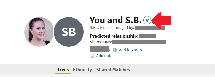 Red arrow points to the tree icon next to the match's name on their DNA match profile, which is where we should click to make the tree and DNA match connection
