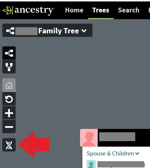 The red arrow points to the black and white DNA icon that allows access to the DNA Discoveries settings on your Ancestry tree