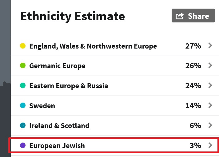 Example of Ancestry DNA results showing 3% European Jewish DNA