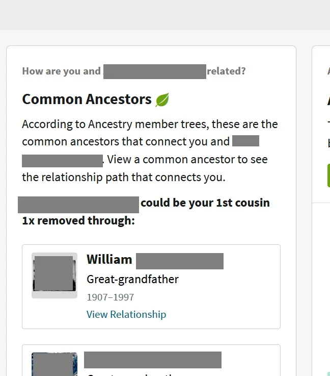 A screenshot of a Common Ancestor hint on the DNA match's profile page.  This particular DNA match is my first cousin once-removed, as indicated in the common ancestor hint in the image