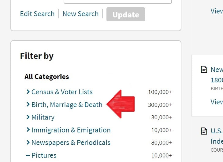 The red arrow indicates where to click to filter your Ancestry search results by the Birth Marriage and Death category