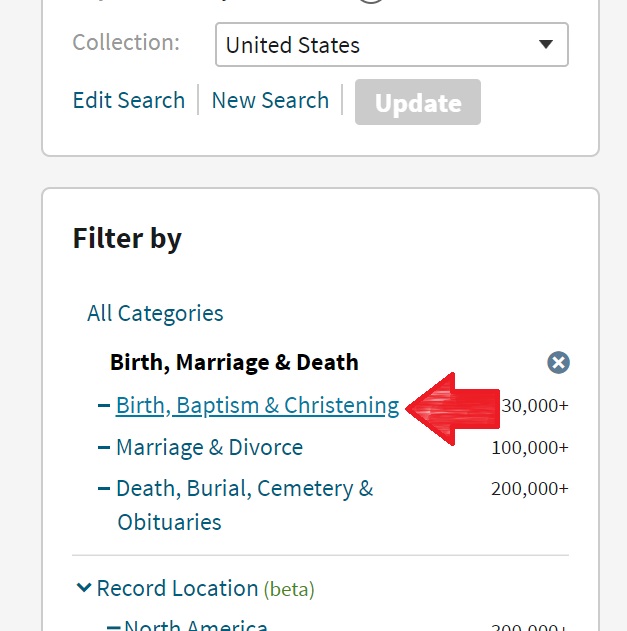 The red arrow indicates that you can click directly below the Birth Marriage & Death category to filter out only birth, baptism and christening records