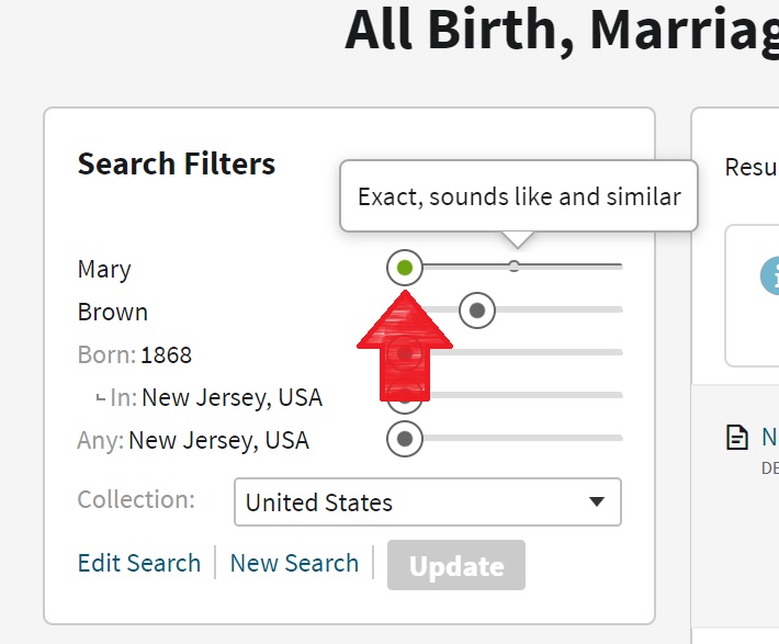 Example of sliding search filter on Ancestry, red arrow points to one of the sliders to adjust how specific search should be