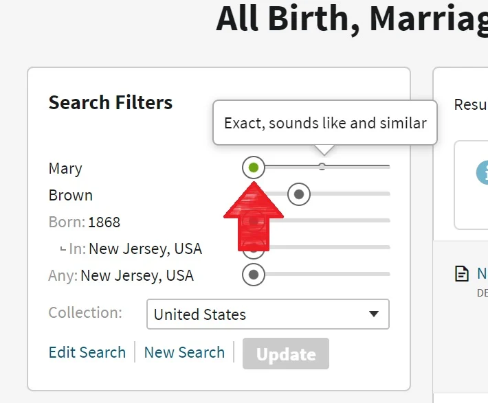 Example of sliding search filter on Ancestry, red arrow points to one of the sliders to adjust how specific search should be