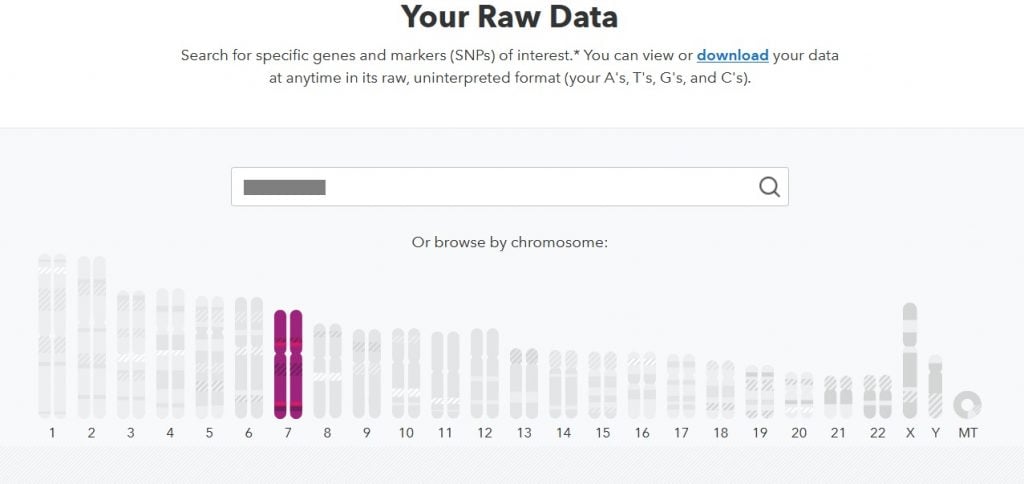 A screenshot of the 23andMe DNA Explorer tool.  Chromosome 7 is highlighted in purple