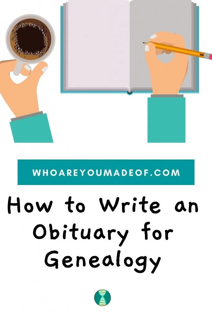 How to Write an Obituary for Genealogy Pinterest Image with person's arms, a cup of coffee, and a journal